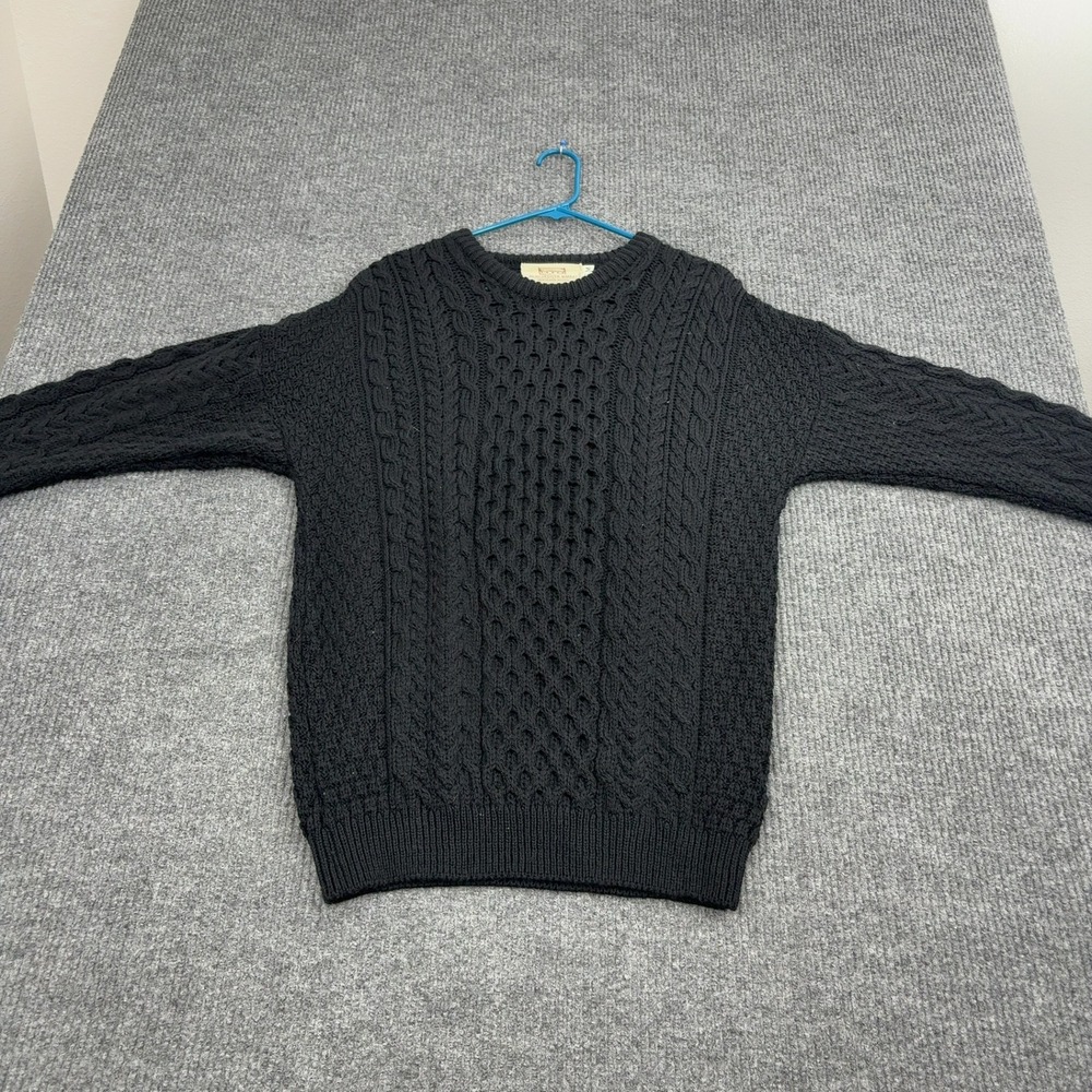 Aran Sweater Market Sweater Mens M Black 100% Merino Wool Cable Knit Fisherman